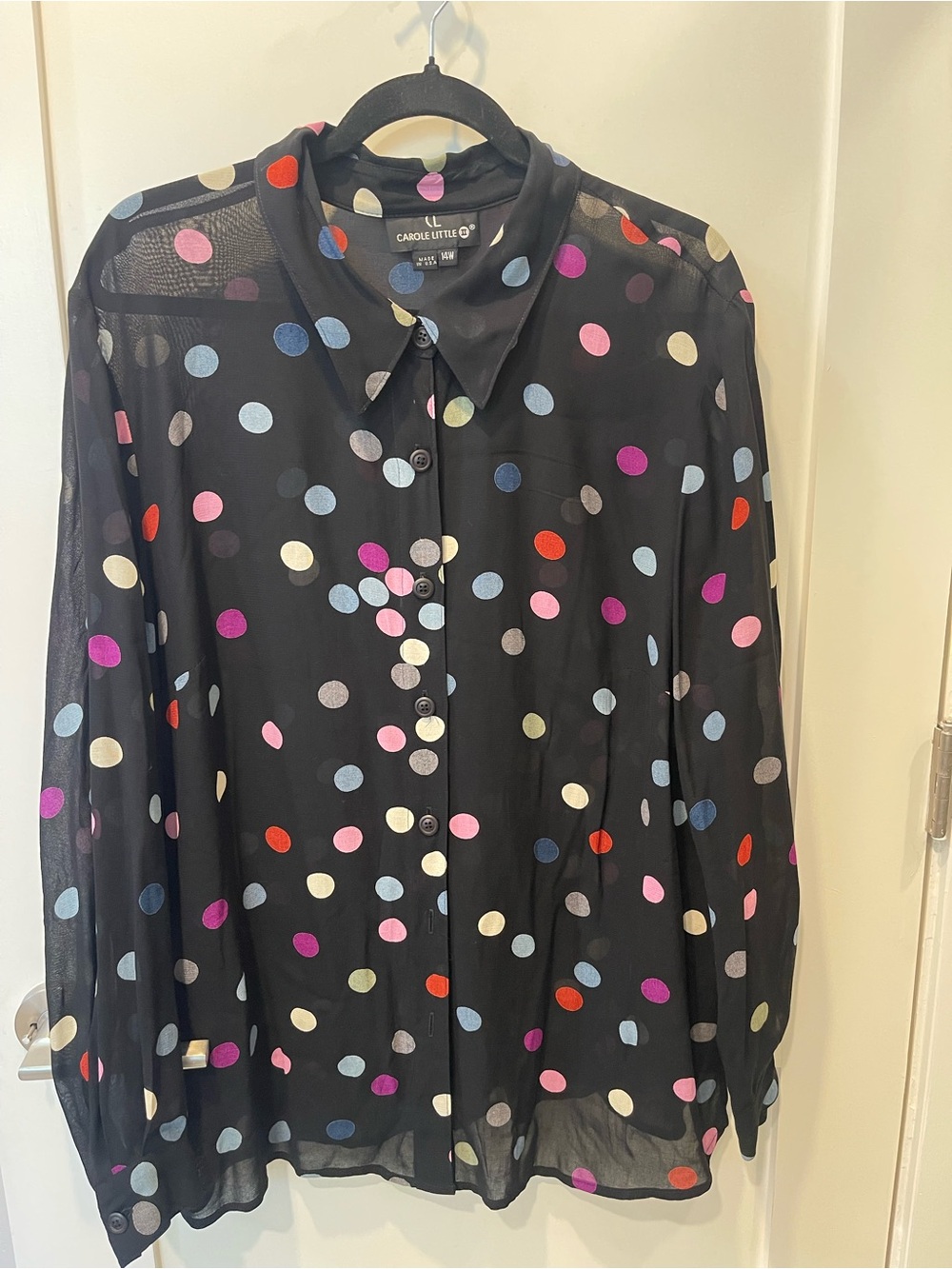 Carole Little Black Sheer Polka Dot Blouse with Multicolor Dots